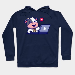 Cute Cow Working On Laptop Cartoon Hoodie